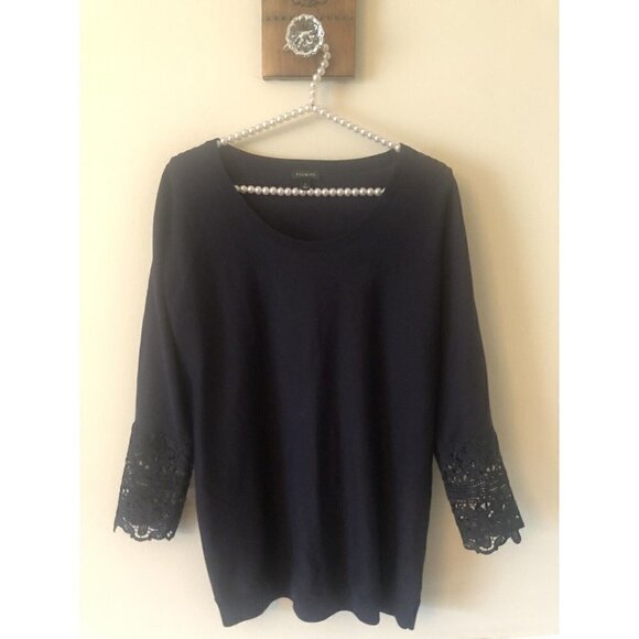 Talbots Womens Size M Blue Lightweight Sweater Top Floral Crochet Sleeve - Picture 1 of 5